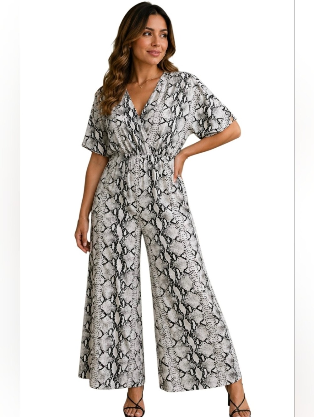 BB Dakota Women’s Size S Snake Print Wide Leg Jumpsuit Short Sleeve